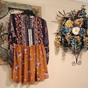 Umgee Long Sleeve Dress - Orange/ Blue Floral Dress.  NWOT Size Small